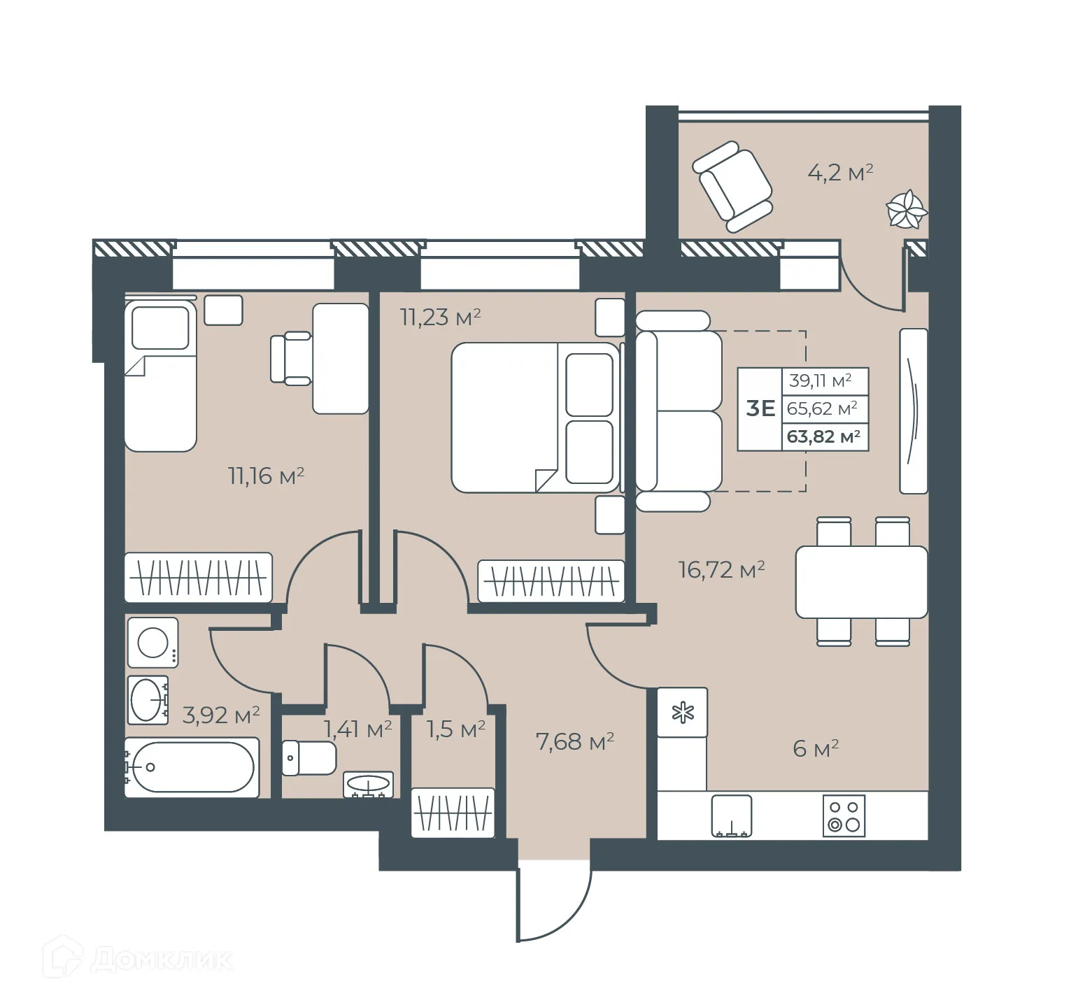 Планировка 3-комнатной квартиры 63.82 м² в ЖК Ботаника Парк, г. Выкса — фото 1