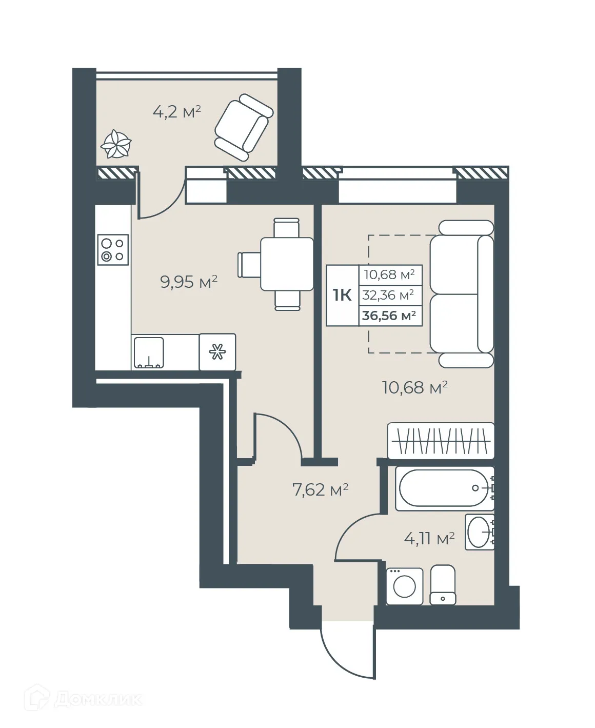 Планировка 1-комнатной квартиры 36.56 м² в ЖК Ботаника Парк, г. Выкса — фото 1
