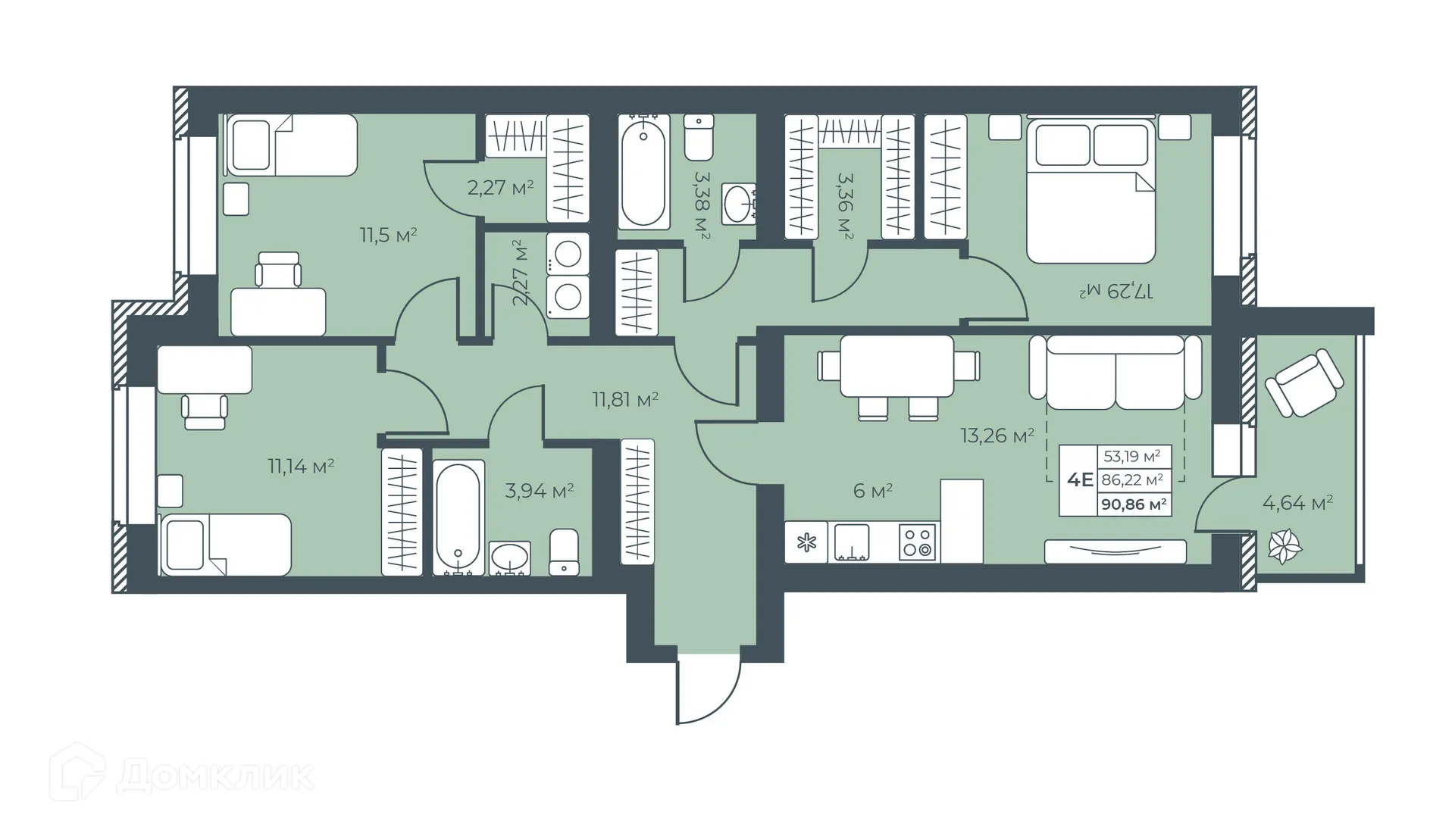 Планировка 4-комнатной квартиры 90.86 м² в ЖК Ботаника Парк, г. Выкса — фото 1