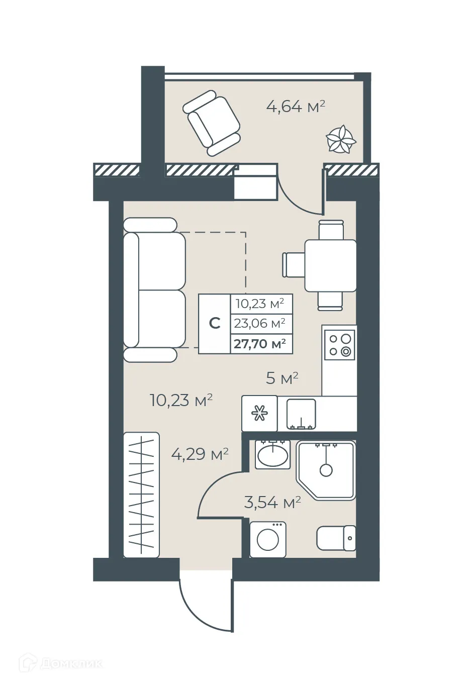 Планировка студии квартиры 27.7 м² в ЖК Ботаника Парк, г. Выкса — фото 1