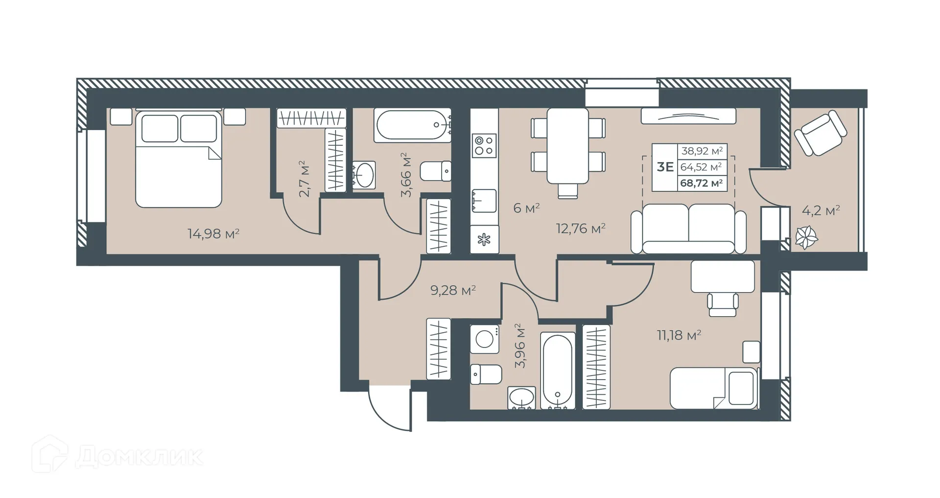 Планировка 3-комнатной квартиры 68.72 м² в ЖК Ботаника Парк, г. Выкса — фото 1