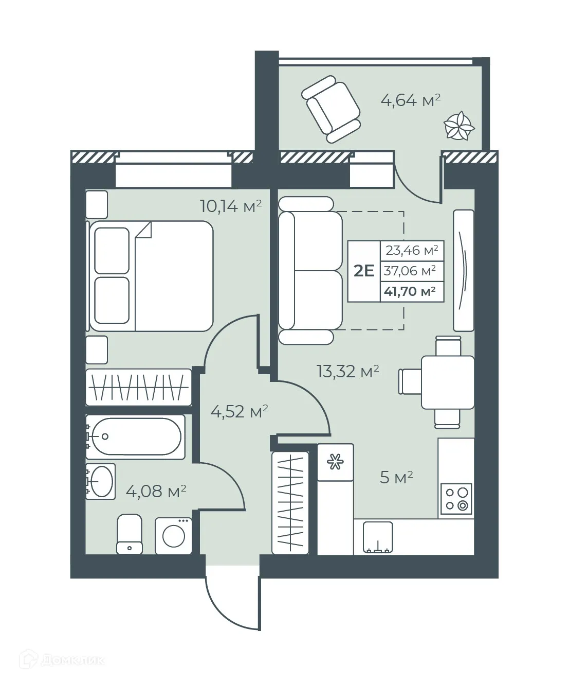 Планировка 2-комнатной квартиры 41.7 м² в ЖК Ботаника Парк, г. Выкса — фото 1