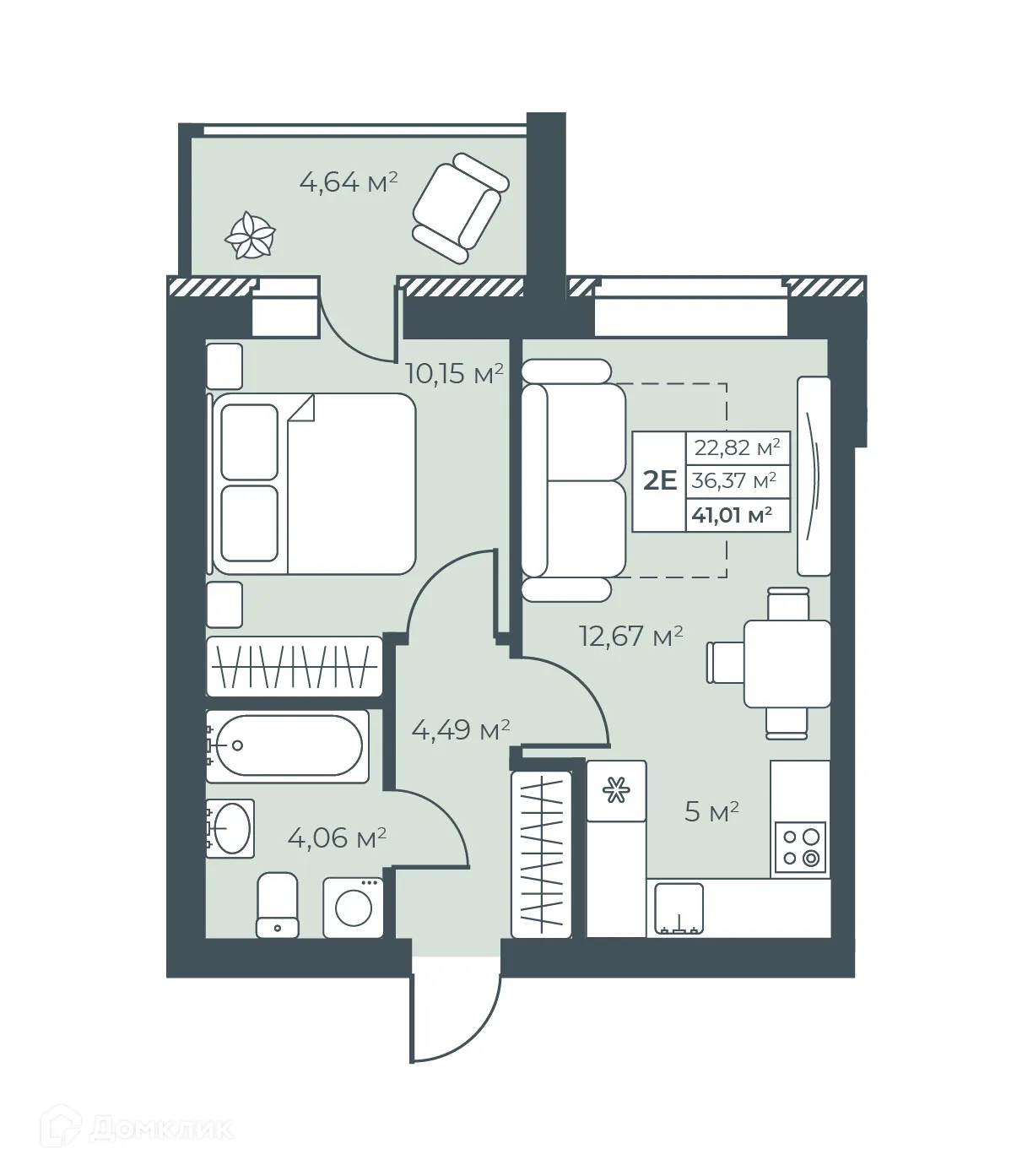 Планировка 2-комнатной квартиры 41.01 м² в ЖК Ботаника Парк, г. Выкса — фото 1
