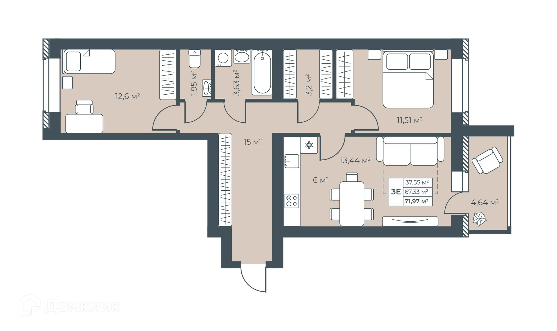 Планировка 3-комнатной квартиры 71.97 м² в ЖК Ботаника Парк, г. Выкса — фото 1