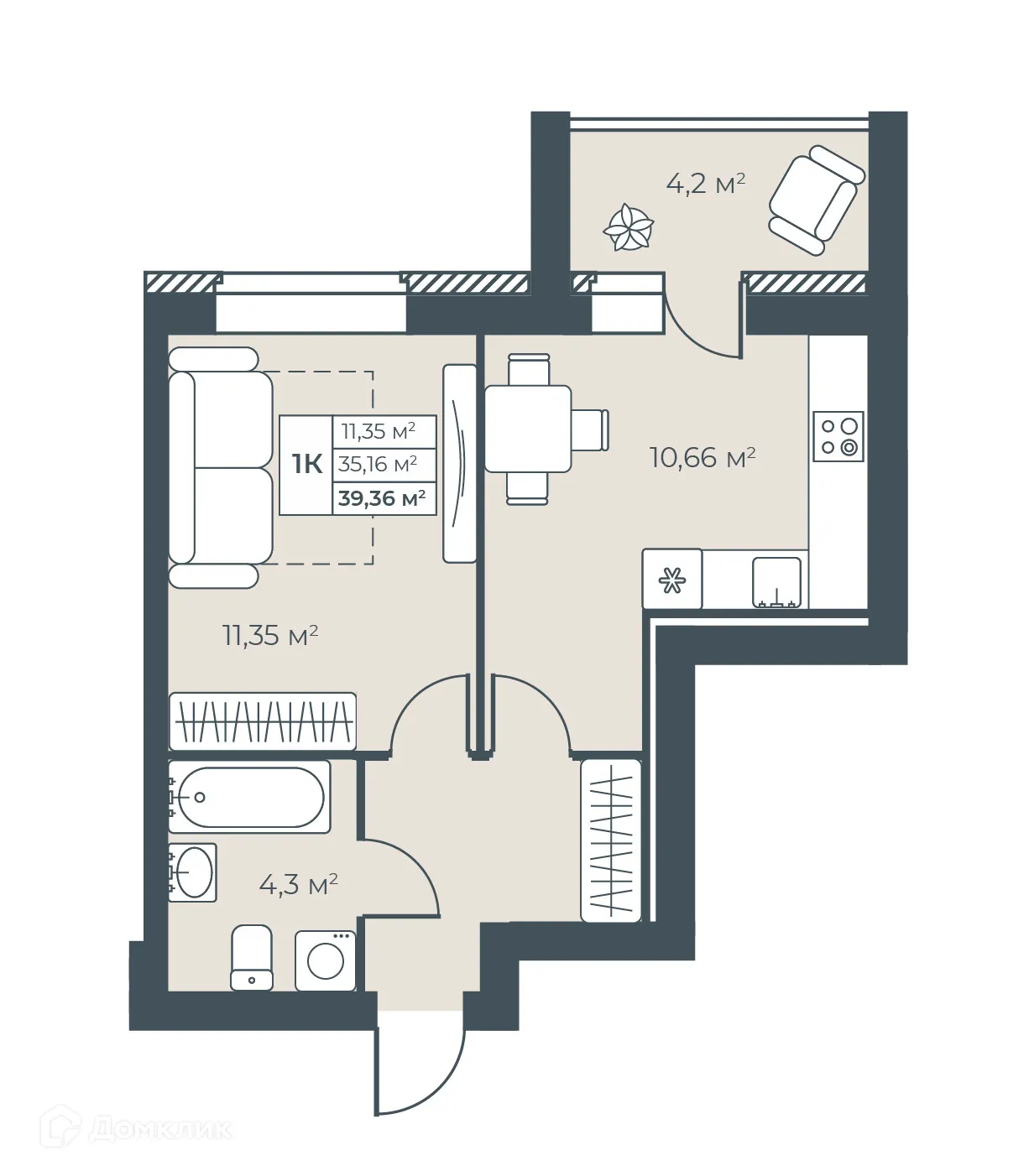 Планировка 1-комнатной квартиры 39.36 м² в ЖК Ботаника Парк, г. Выкса — фото 1