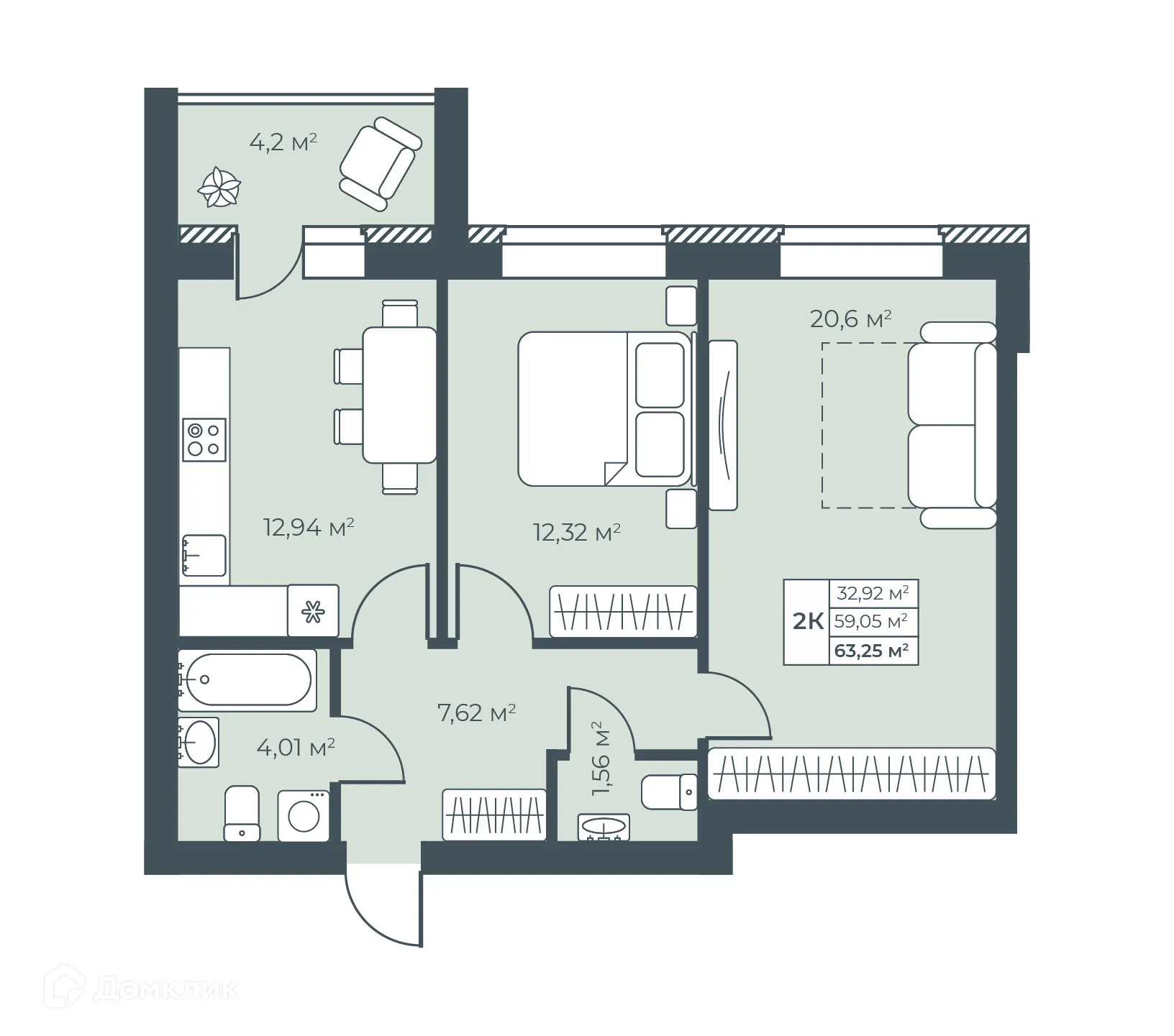 Планировка 2-комнатной квартиры 63.25 м² в ЖК Ботаника Парк, г. Выкса — фото 1