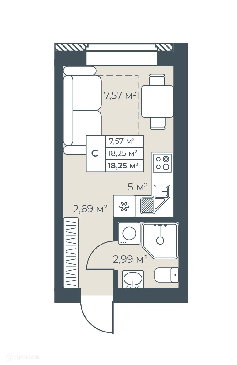Планировка студии квартиры 18.25 м² в ЖК Ботаника Парк, г. Выкса — фото 1
