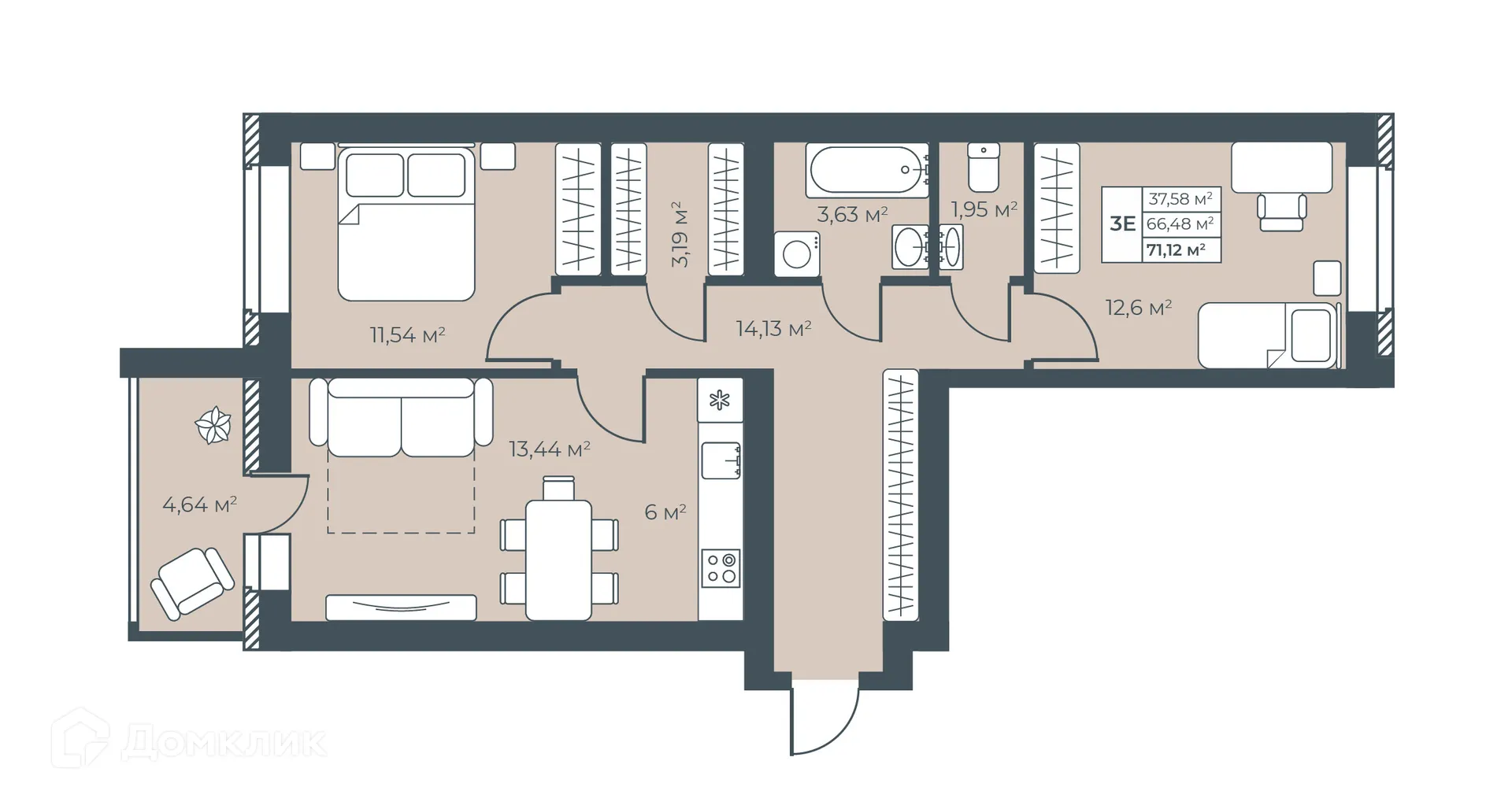 Планировка 3-комнатной квартиры 71.12 м² в ЖК Ботаника Парк, г. Выкса — фото 1