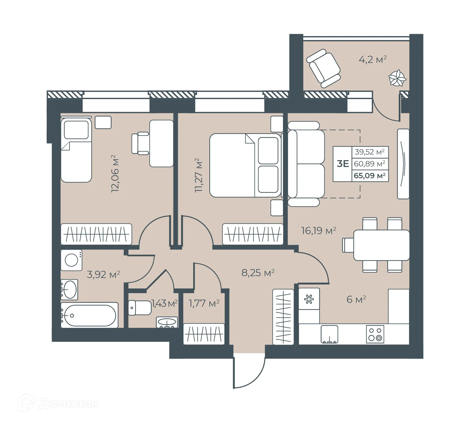 Планировка 3-комнатной квартиры 65.09 м² в ЖК Ботаника Парк, г. Выкса — фото 1