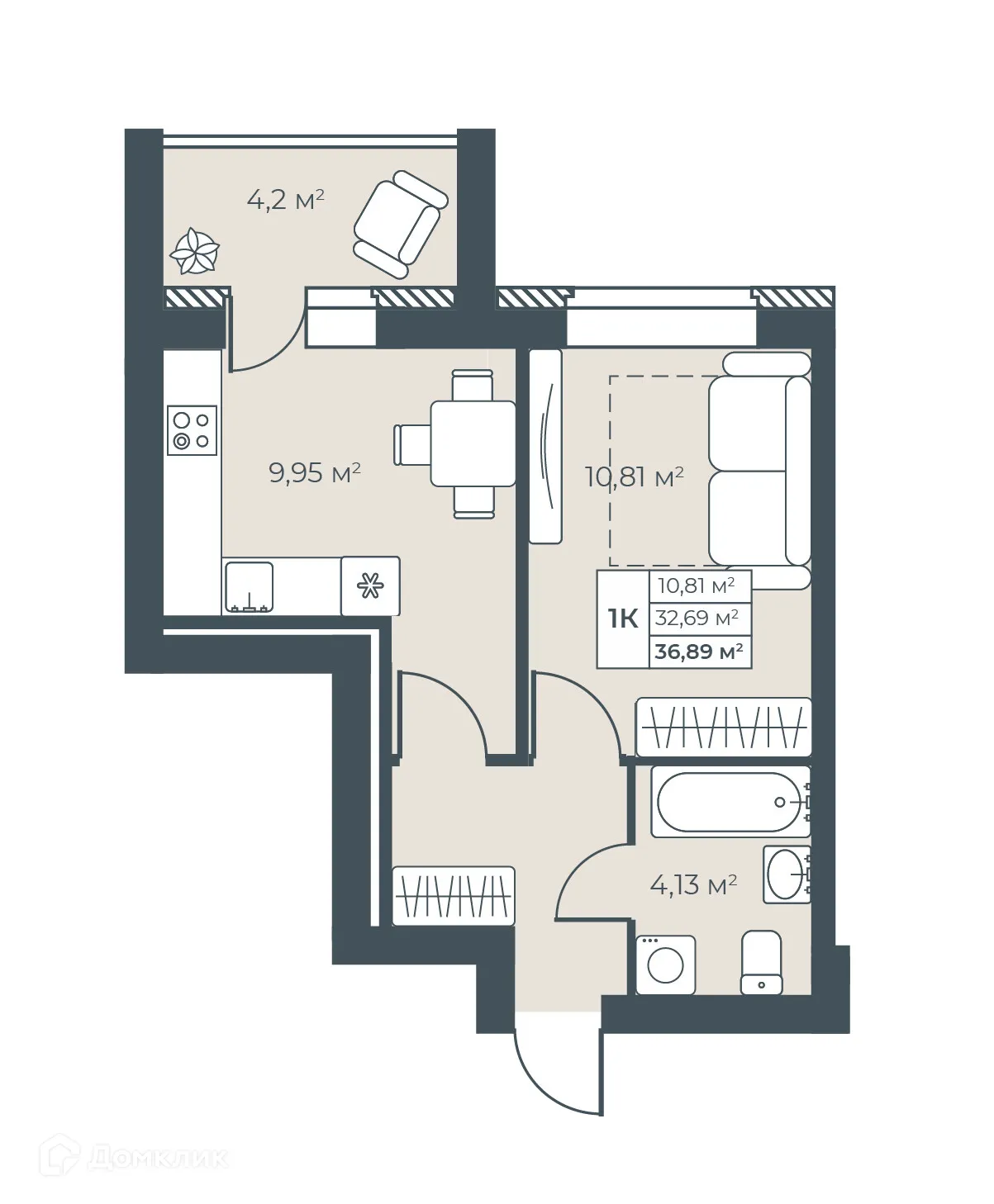 Планировка 1-комнатной квартиры 36.89 м² в ЖК Ботаника Парк, г. Выкса — фото 1