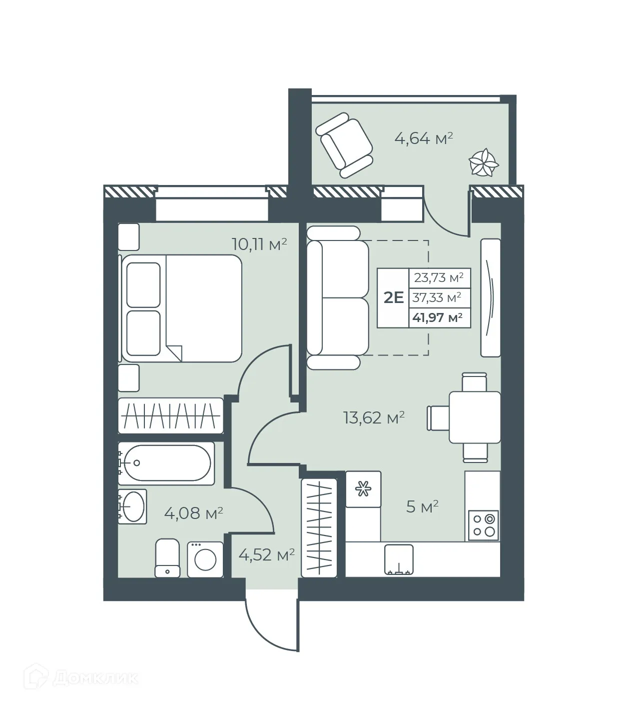 Планировка 2-комнатной квартиры 41.97 м² в ЖК Ботаника Парк, г. Выкса — фото 1