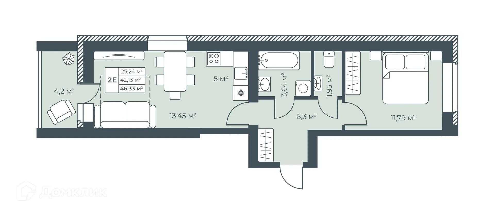 Планировка 2-комнатной квартиры 46.33 м² в ЖК Ботаника Парк, г. Выкса — фото 1