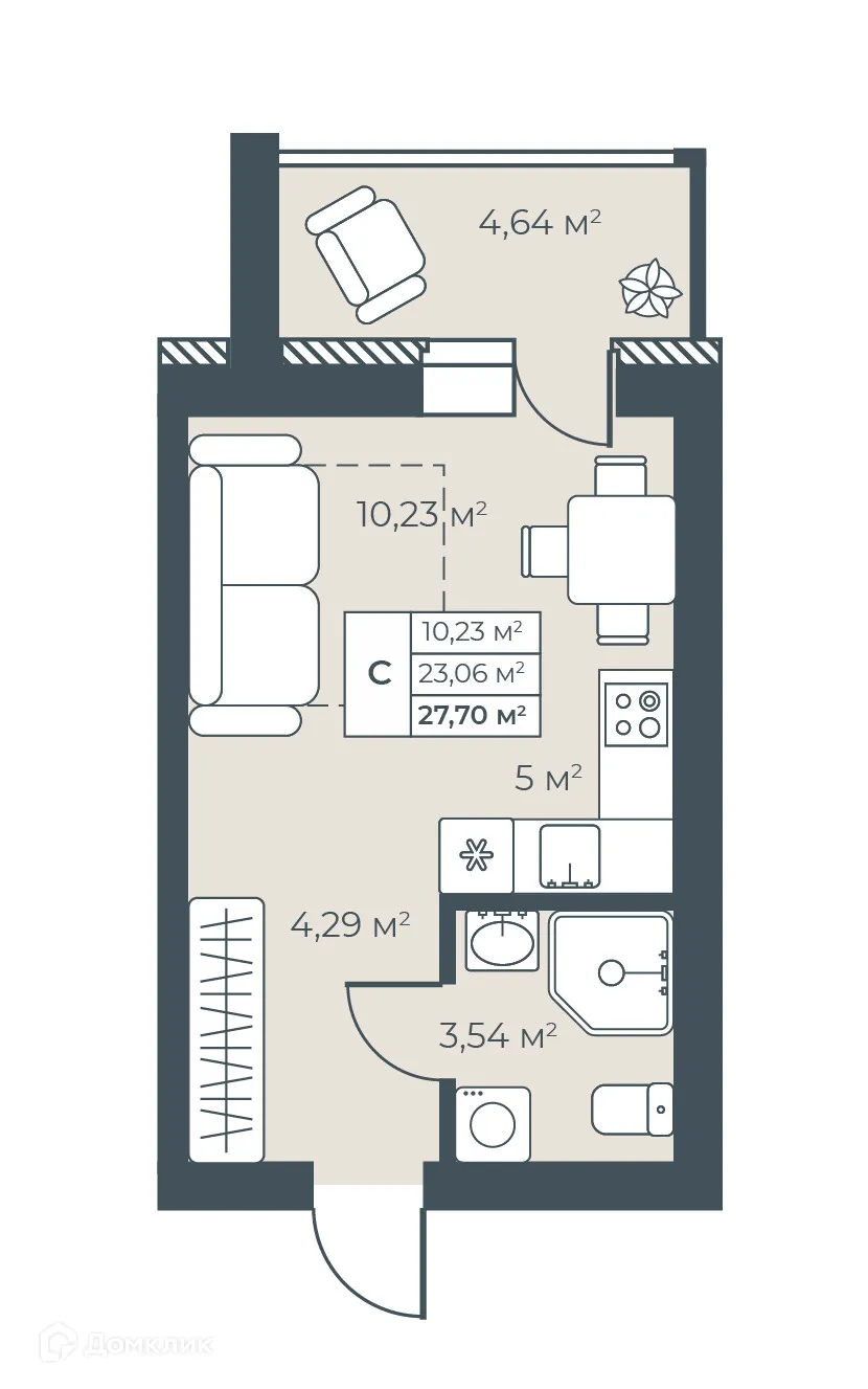 Планировка студии квартиры 27.7 м² в ЖК Ботаника Парк, г. Выкса — фото 1