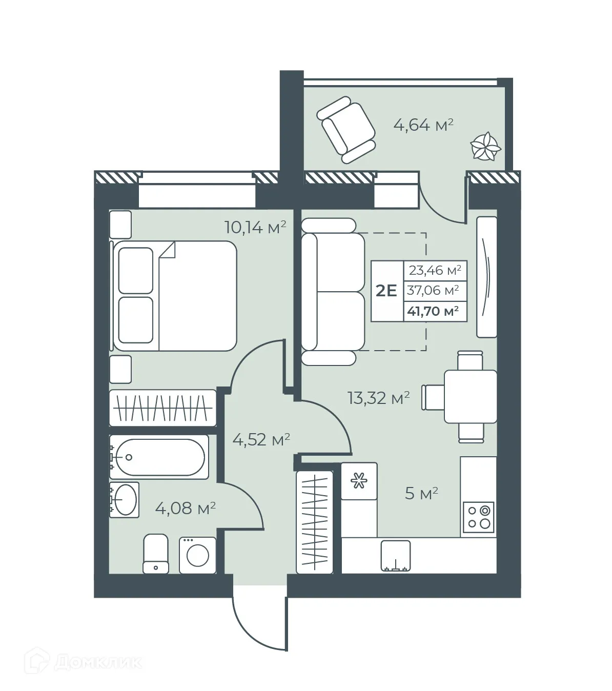 Планировка 2-комнатной квартиры 41.7 м² в ЖК Ботаника Парк, г. Выкса — фото 1