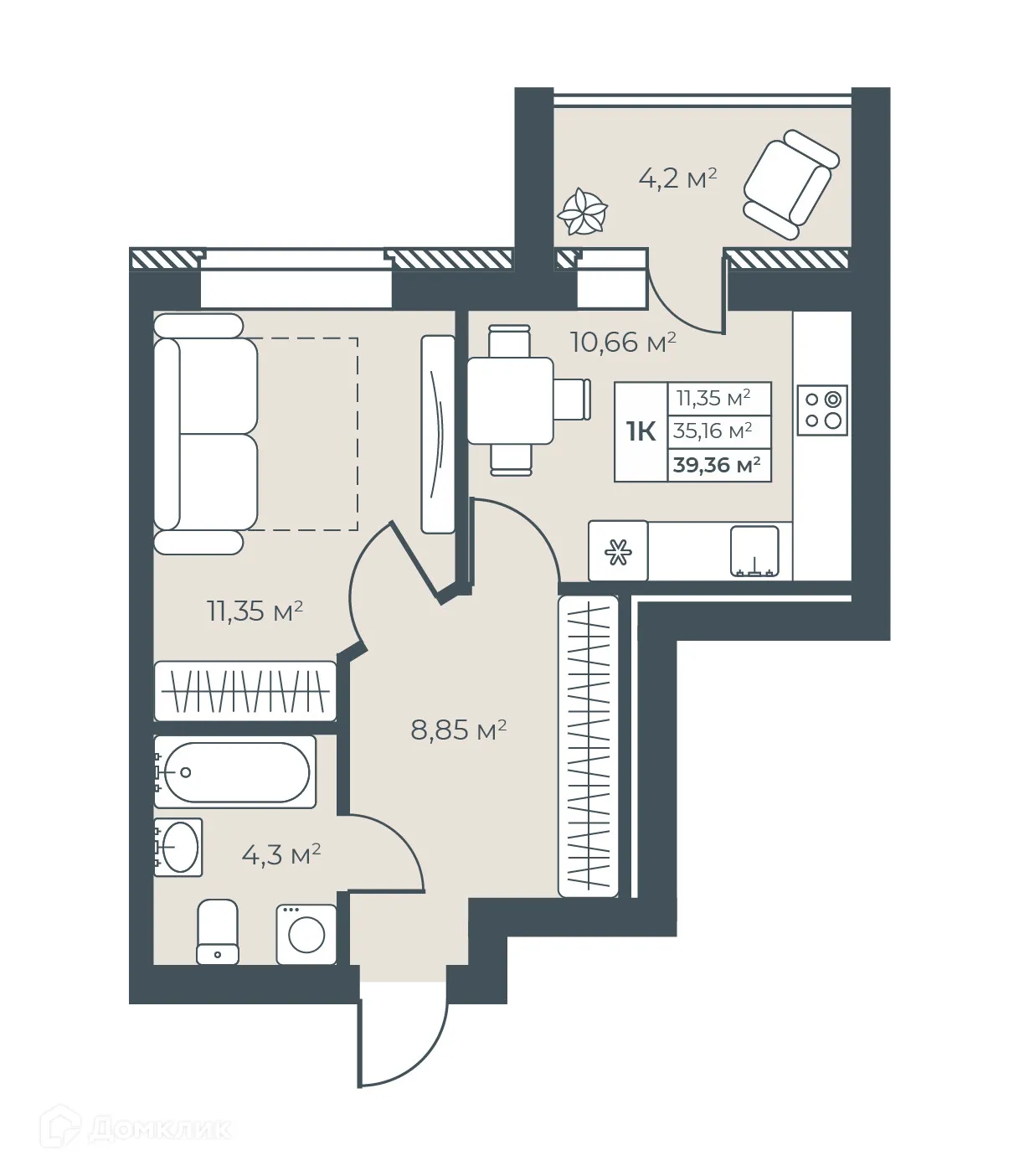 Планировка 1-комнатной квартиры 39.36 м² в ЖК Ботаника Парк, г. Выкса — фото 1