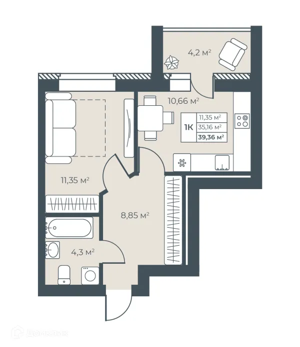Планировка 1 комн. в ЖК Ботаника Парк