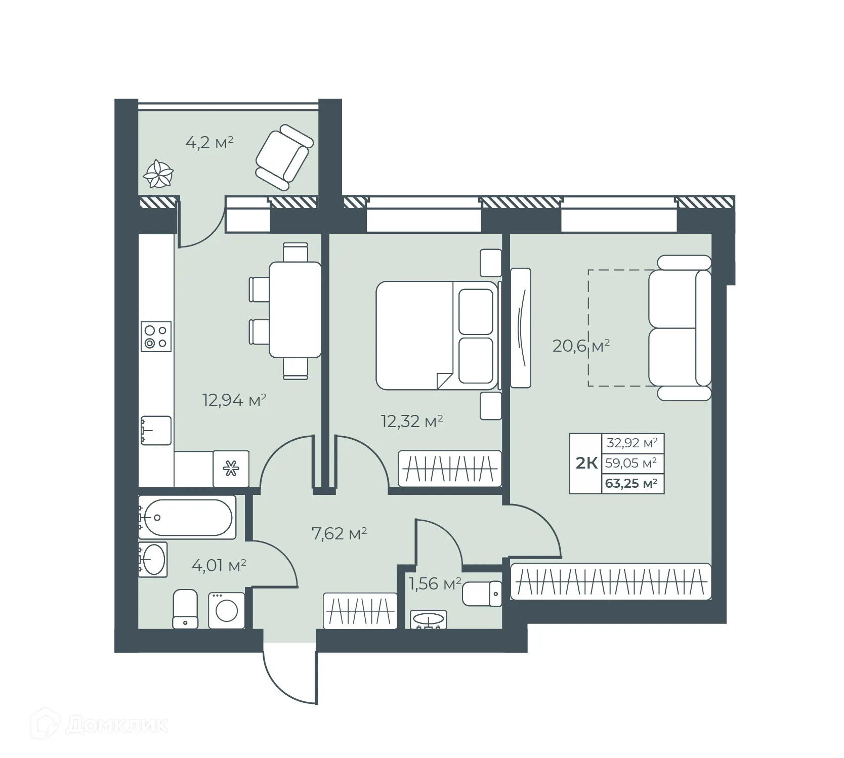 Планировка 2-комнатной квартиры 63.25 м² в ЖК Ботаника Парк, г. Выкса — фото 1