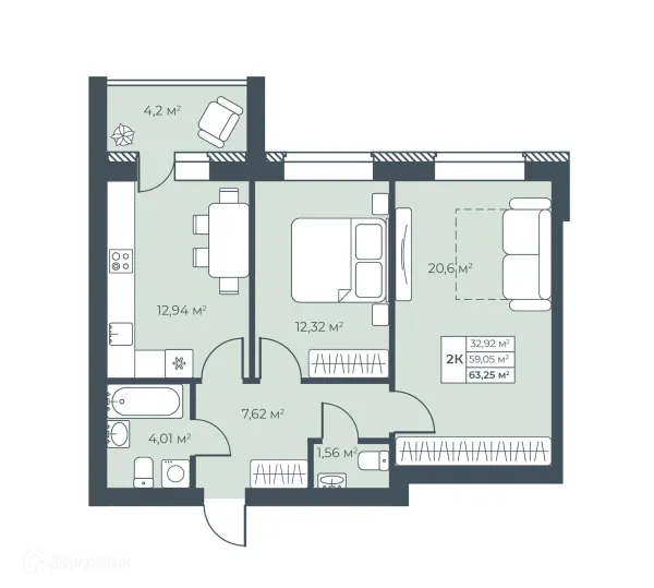 Планировка 2 комн. в ЖК Ботаника Парк