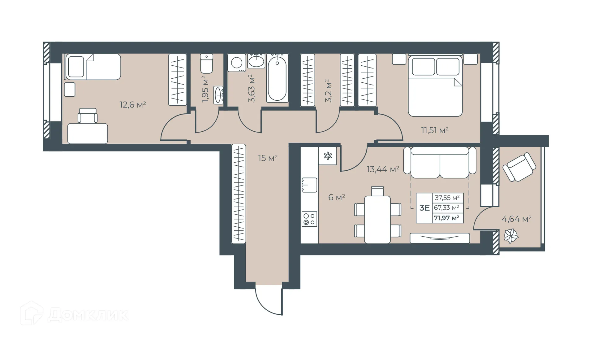 Планировка 3-комнатной квартиры 71.97 м² в ЖК Ботаника Парк, г. Выкса — фото 1