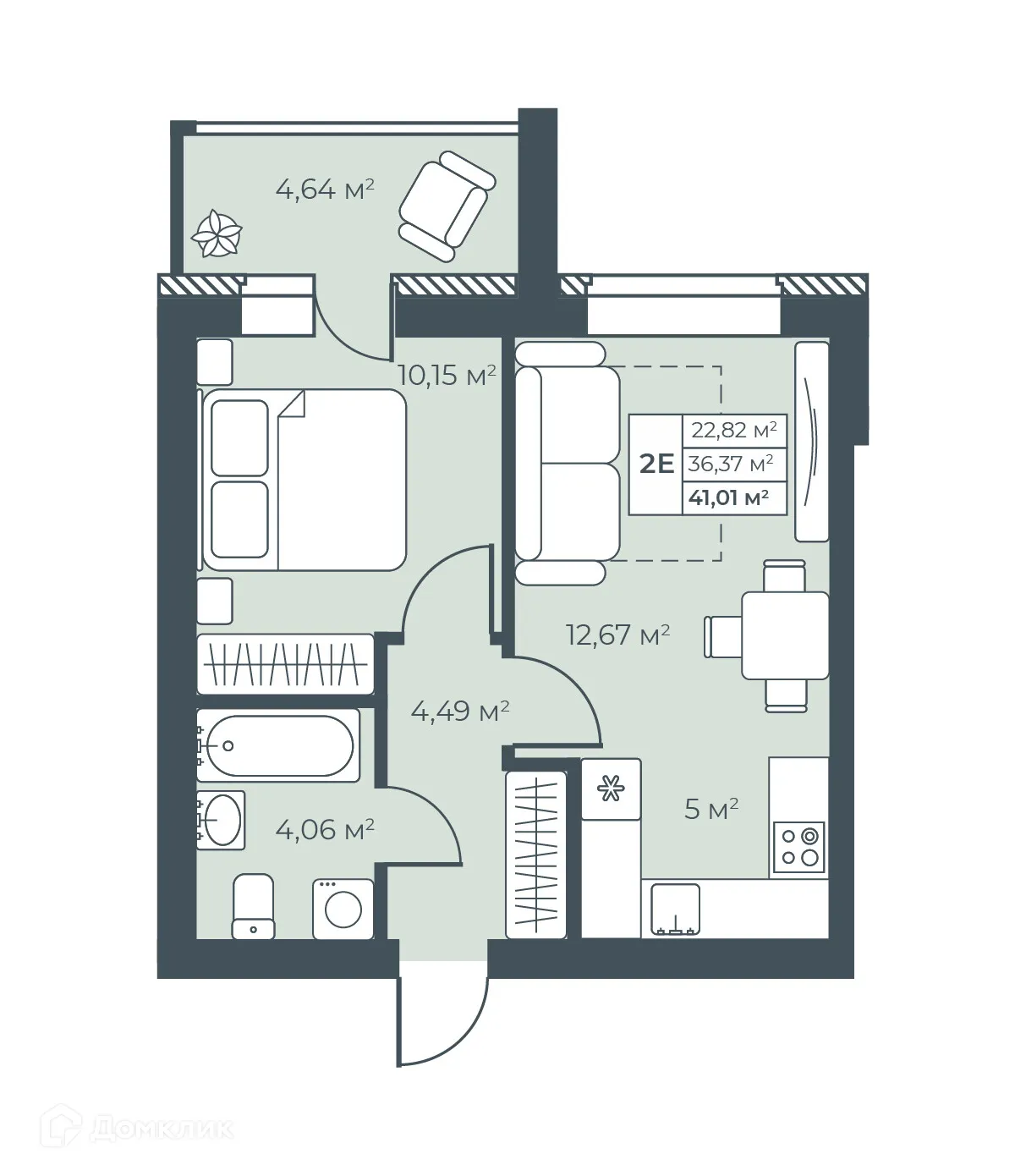 Планировка 2-комнатной квартиры 41.01 м² в ЖК Ботаника Парк, г. Выкса — фото 1