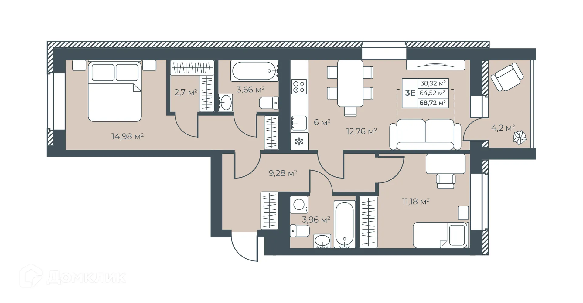 Планировка 3-комнатной квартиры 68.72 м² в ЖК Ботаника Парк, г. Выкса — фото 1