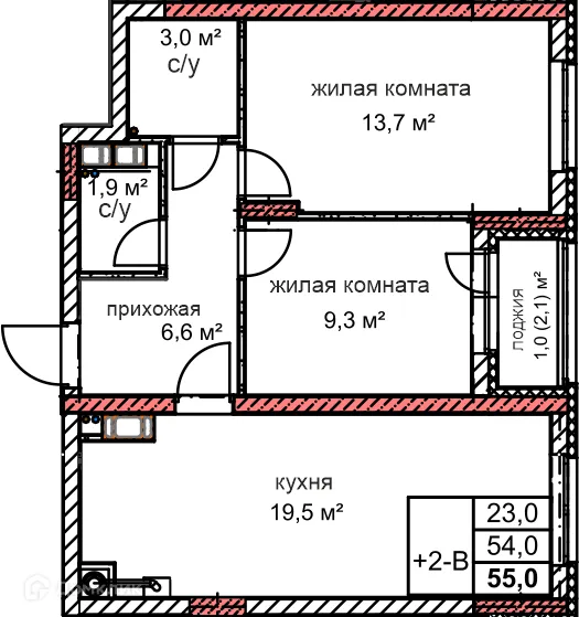 Планировка 2-комнатной квартиры 55 м² в ЖК Микрорайон Комсомольский, г. Дзержинск — фото 1