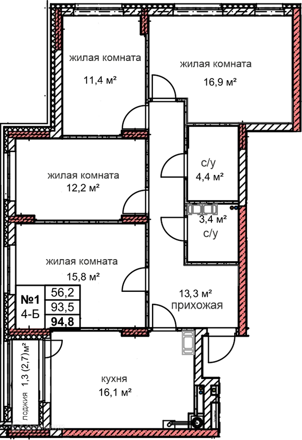 Планировка 4-комнатной квартиры 94.8 м² в ЖК Микрорайон Комсомольский, г. Дзержинск — фото 1