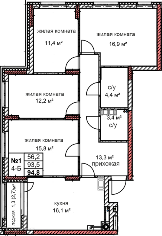 Планировка 4 комн. в ЖК Микрорайон Комсомольский
