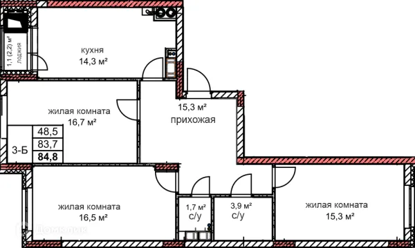 Планировка 3 комн. в ЖК Микрорайон Комсомольский