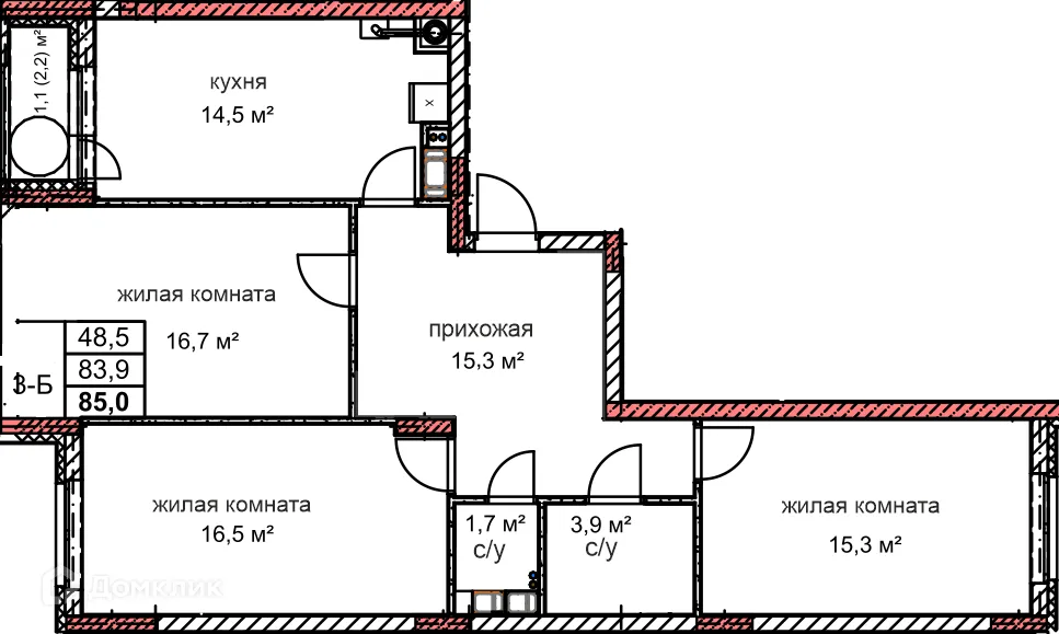 Планировка 3-комнатной квартиры 85 м² в ЖК Микрорайон Комсомольский, г. Дзержинск — фото 1