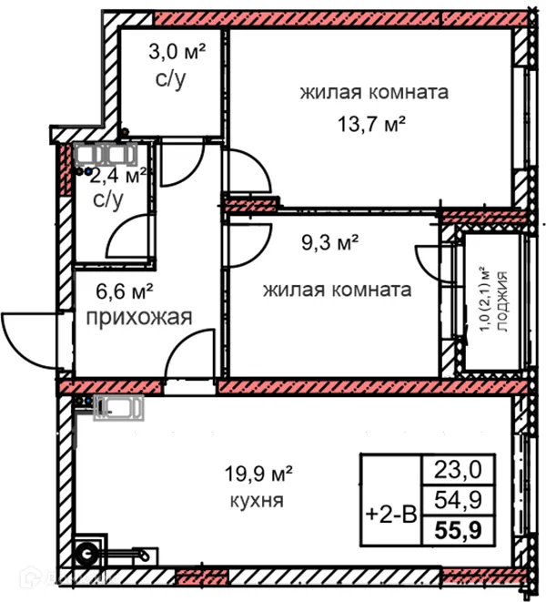 Планировка 2 комн. в ЖК Микрорайон Комсомольский