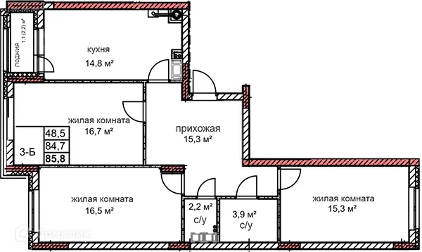 Планировка 3 комн. в ЖК Микрорайон Комсомольский