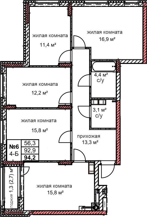 Планировка 4-комнатной квартиры 94.2 м² в ЖК Микрорайон Комсомольский, г. Дзержинск — фото 1