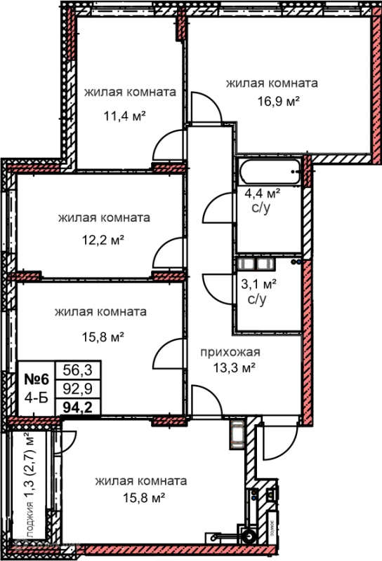 Планировка 4 комн. в ЖК Микрорайон Комсомольский