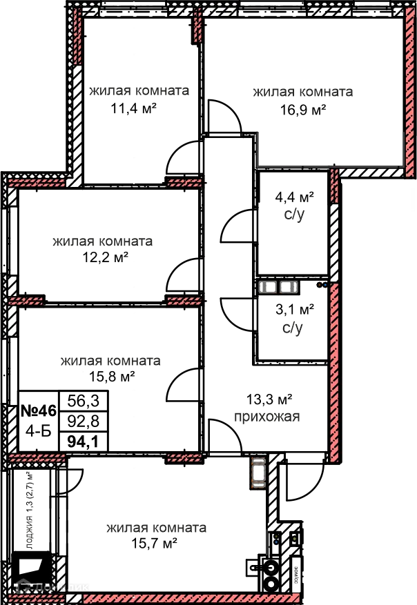 Планировка 4-комнатной квартиры 94.1 м² в ЖК Микрорайон Комсомольский, г. Дзержинск — фото 1