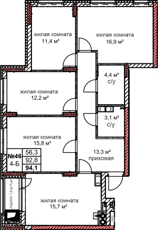 Планировка 4 комн. в ЖК Микрорайон Комсомольский