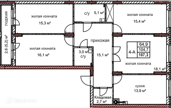 Планировка 4-комнатной квартиры 107.3 м² в ЖК Микрорайон Комсомольский, г. Дзержинск — фото 1