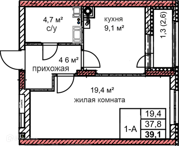 Планировка 1-комнатной квартиры 39.1 м² в ЖК Микрорайон Комсомольский, г. Дзержинск — фото 1