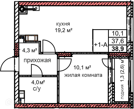 Планировка 4-комнатной квартиры 38.9 м² в ЖК Микрорайон Комсомольский, г. Дзержинск — фото 1