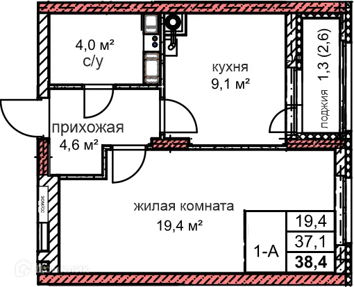 Планировка 1-комнатной квартиры 38.4 м² в ЖК Микрорайон Комсомольский, г. Дзержинск — фото 1