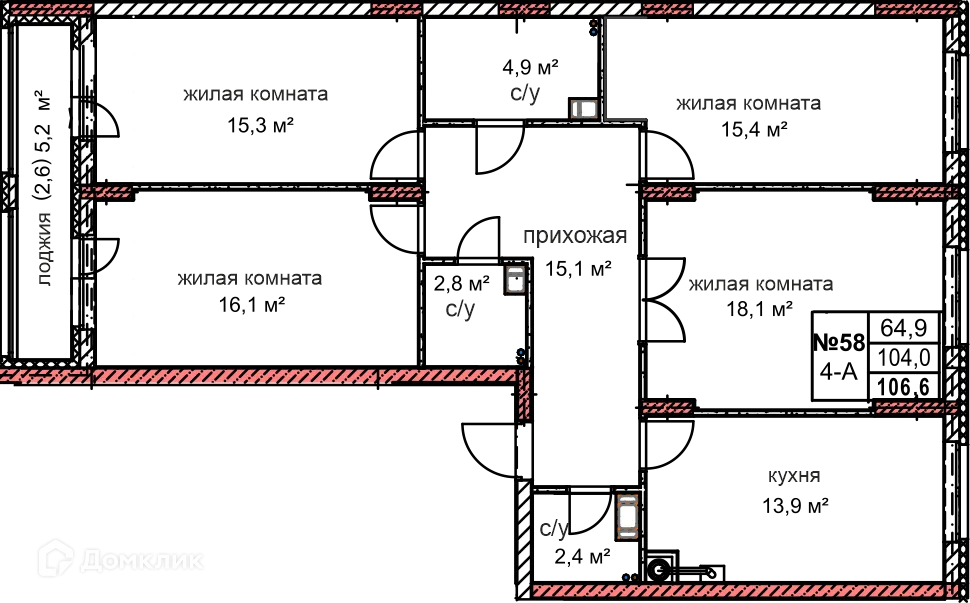 Планировка 1-комнатной квартиры 106.6 м² в ЖК Микрорайон Комсомольский, г. Дзержинск — фото 1