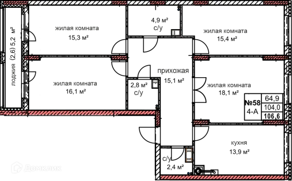 Планировка 1 комн. в ЖК Микрорайон Комсомольский