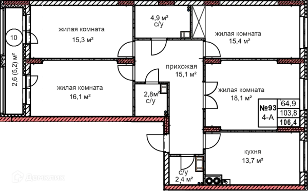 Планировка 4 комн. в ЖК Микрорайон Комсомольский