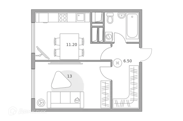 Планировка 1 комн. в ЖК «Бригантина»
