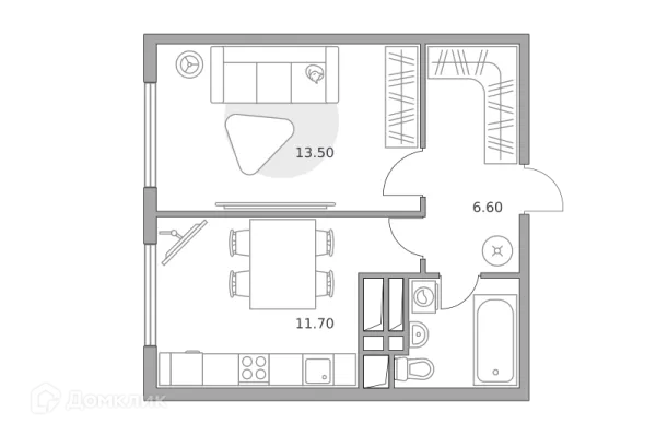 Планировка 1 комн. в ЖК «Бригантина»