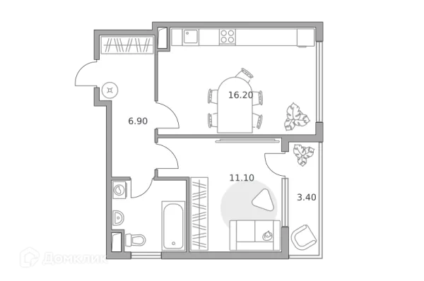 Планировка 1 комн. в ЖК «Бригантина»