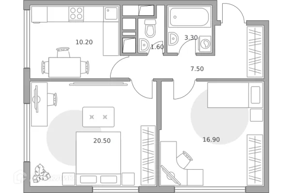 Планировка 2 комн. в ЖК «Бригантина»