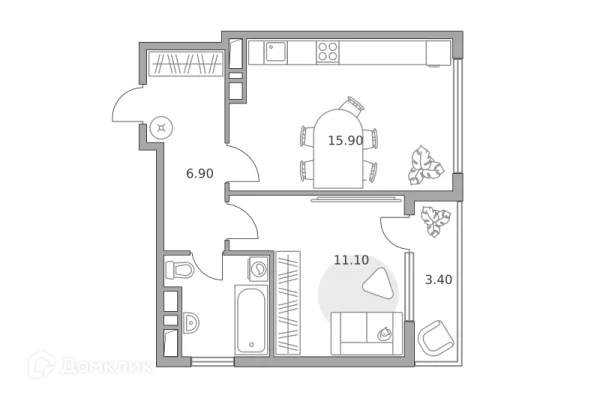 Планировка 1 комн. в ЖК «Бригантина»