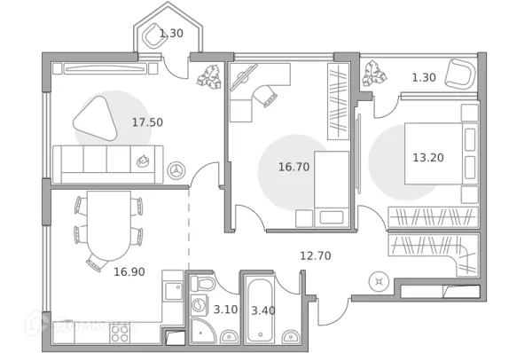 Планировка 3 комн. в ЖК «Бригантина»