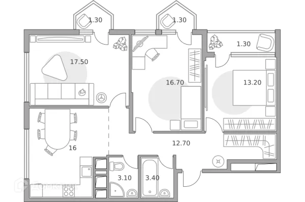 Планировка 3 комн. в ЖК «Бригантина»